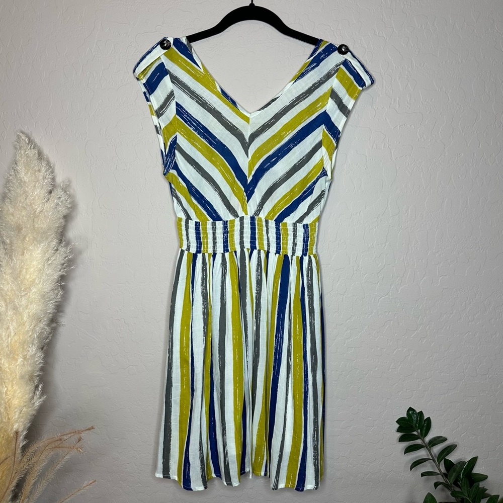 Striped Mini Skirt Dress, White Blue Green Gray Spring Summer Dress, size medium